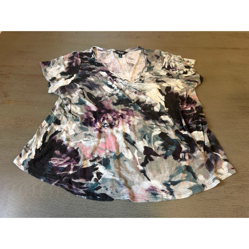 Simply Vera Vera Wang Abstract Floral Surplice V-Neck Top Plus 1X Purple Multi